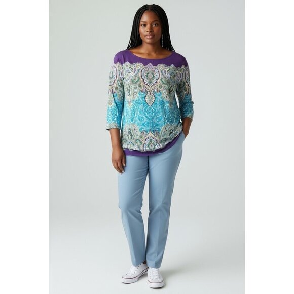 Chico's Tops - Chico's WOmen's Border Paisley GiGi Top in a Multicolor Paisley Pattern with 3/4